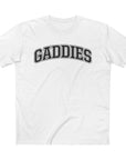 White t-shirt with 'GADDIES' text on a white background