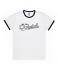 White t-shirt with black ringer sleeves and 'Last Pick Dodgeball' text on a white background