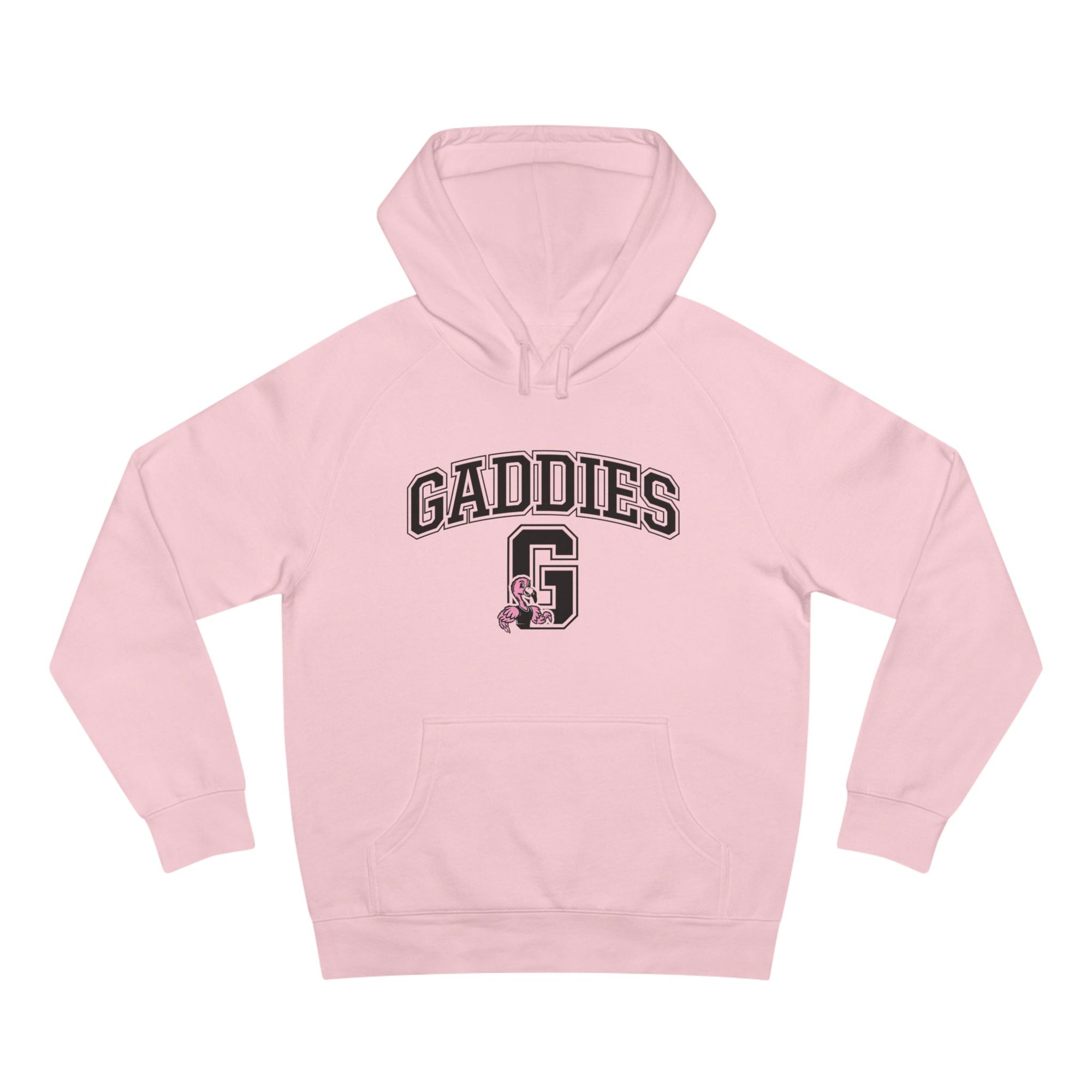Pink hoodie with 'GADDIES' text and logo on a white background