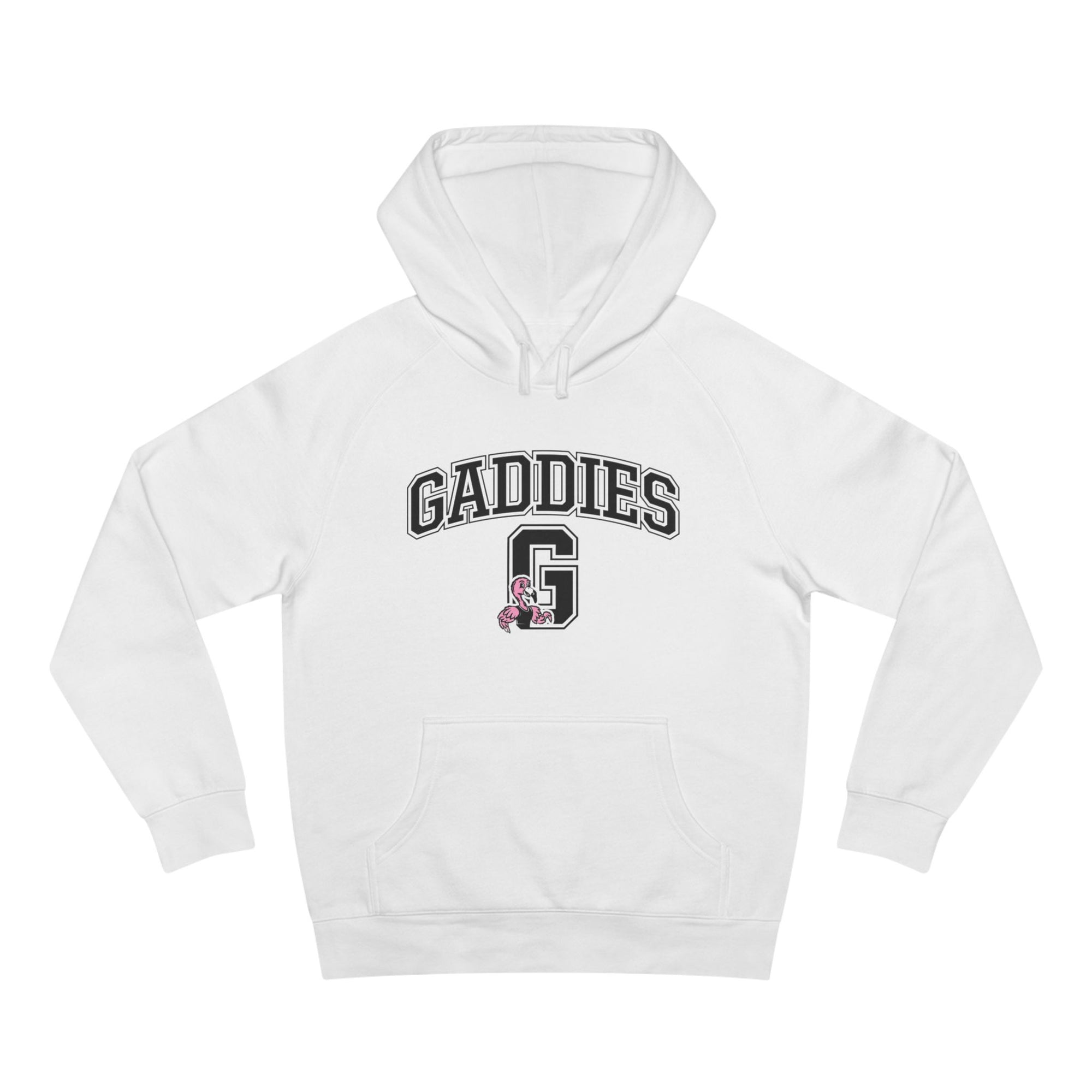 White hoodie with 'GADDIES' text and logo on a white background