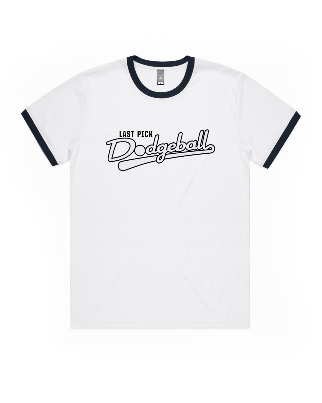 White t-shirt with black ringer sleeves and 'Last Pick Dodgeball' text on a white background